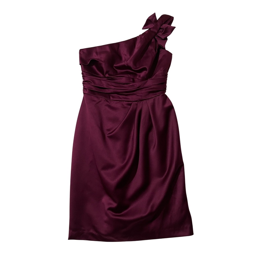 David's Bridal One Shoulder‎ Bridesmaid Cocktail Dress Burgundy Satin Bow Size 6